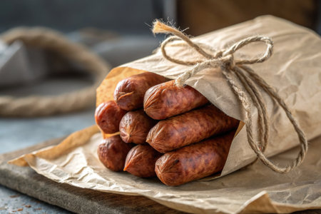 A bundle of sausages wrapped in brown paper and tied with string, captured in a close up shot, ready for cooking and eating.の写真素材