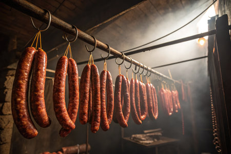 A rustic scene of cured sausages hanging in a smokehouse, illuminated by soft light and filled with smoky atmosphere.の写真素材