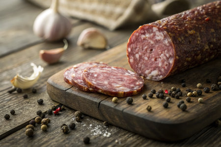 A close up shot of delicious sliced salami and peppercorns with garlic cloves on a wooden cutting board. Rustic and appetizing.の写真素材