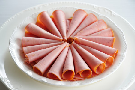 A beautifully arranged plate of thinly sliced ham, presented in a visually appealing circular...