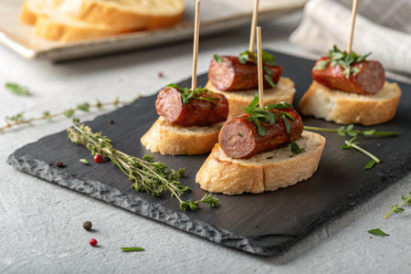 Delicious appetizers on a slate board, featuring grilled sausage slices on toasted bread with fresh herbs. A perfect snack.の写真素材