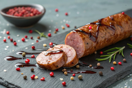 A close up shot of sliced sausage with a glaze, presented on a dark slate with peppercorns and rosemary sprigs.の写真素材