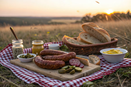 A rustic picnic setting featuring sausages, bread, mustard, and pickles, spread on a checkered cloth, all bathed in the warm glow of the sunset.の写真素材