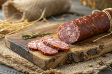 A close up shot of sliced sausage on a wooden cutting board, with herbs and spices, creating a...