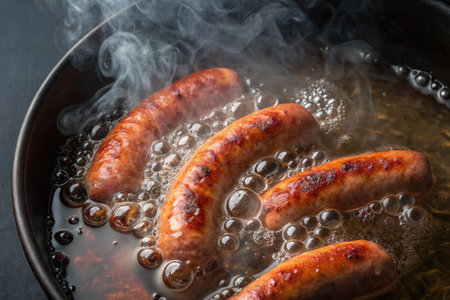 Close up shot of delicious sausages sizzling in hot oil inside a pan, with steam rising and bubbles forming, ready to be eaten.の写真素材
