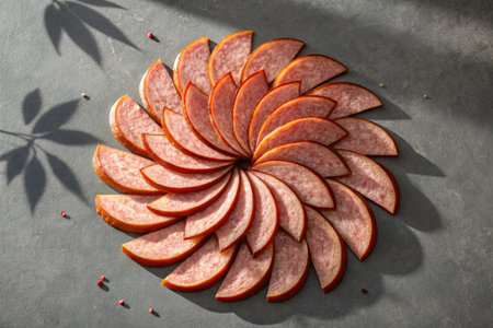 A spiral arrangement of sliced sausage creates an appetizing visual, enhanced by the play of light and shadow on a textured surface.の写真素材
