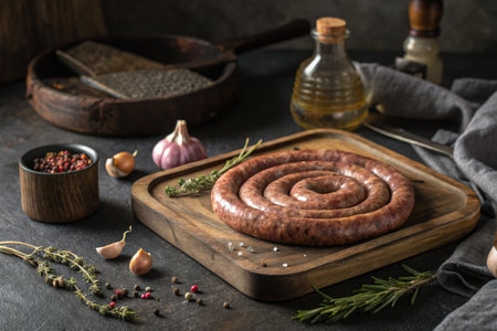 A beautifully arranged still life features a coil of raw sausage with herbs and spices, hinting at a delicious culinary experience.の写真素材