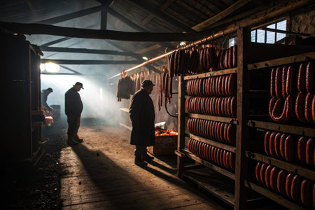 Inside a dimly lit smokehouse, men are working around cured sausages and meats hanging in rows.の写真素材
