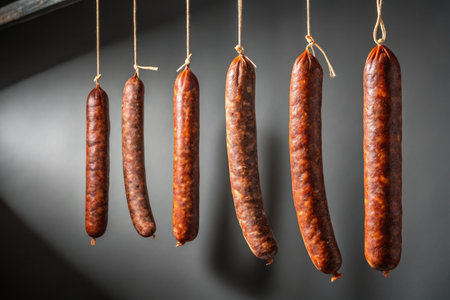 Close up of several cured sausages hanging against a gray backdrop. The links are suspended by twine.の写真素材