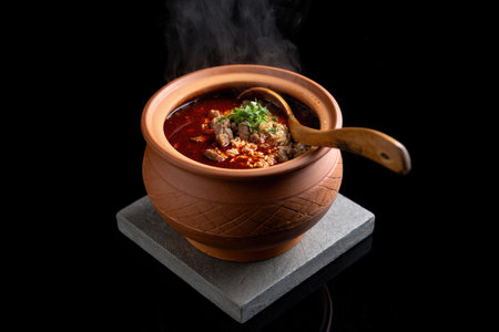 A hearty, flavorful Georgian dish served in a traditional clay pot, with steam rising from the hot...