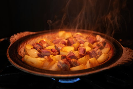 A close-up shot of a traditional Georgian dish simmering in a rustic clay pot, with steam rising from it.の写真素材
