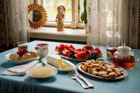 A delightful Georgian feast featuring fresh fruit, cheese, bread, and tea, perfect for a traditional...