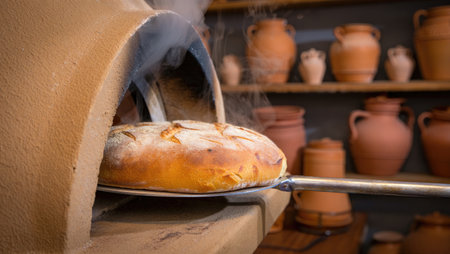 Freshly baked Georgian bread emerges from a traditional oven, ready to be served with a rustic...