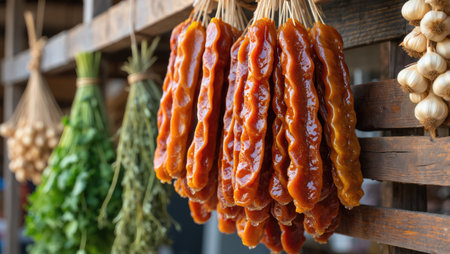 A close-up shot of churchkhela, a traditional Georgian candy, hanging with herbs and garlic.の写真素材