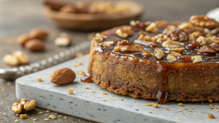 A delectable Georgian dessert featuring a rich caramel glaze and a medley of nuts, artfully presented for a tempting visual treat.の写真素材
