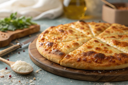 Close up of a delicious Georgian khachapuri cheese bread on a wooden board, ready to be enjoyed.