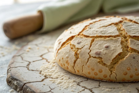 A loaf of traditional Georgian bread with a rolling pin in the background, close up.