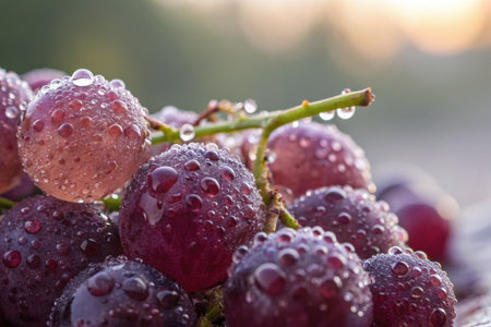 Close up of ripe purple grapes with water droplets, showcasing freshness and natural beauty.