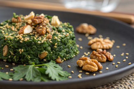 A close up shot of a plate of Georgian cuisine. The dish is adorned with walnuts and sesame seeds.