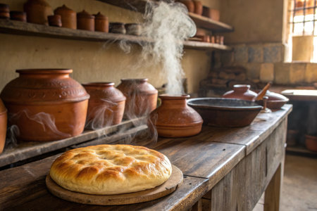 A delicious, freshly baked Georgian bread sits on a rustic wooden table, with steam rising from it.
