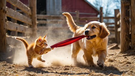 A playful golden retriever and a ginger kitten playfully tug on a red object in an outdoor setting, creating a cute and fun moment.の写真素材