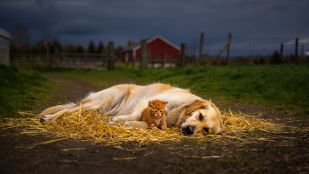 A golden retriever and an orange kitten rest peacefully together on hay, creating a heartwarming scene. Set outdoors, with a stormy sky and rural backdrop.の写真素材