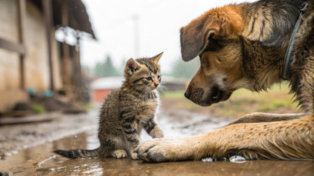 A small kitten and a friendly dog are together outside in the rain, their expressions curious and gentle.の写真素材