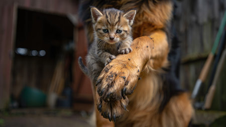 A small kitten is held gently in a dog's paw. The close up view shows an unlikely friendship.の写真素材