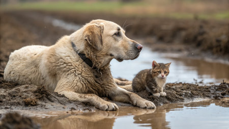 A loyal dog and a curious kitten sit side by side in a muddy puddle, creating a heartwarming scene of companionship in nature.の写真素材