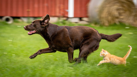A brown dog and orange kitten run across a grassy field with a blurred background, appearing to play and chase each other with enthusiasm.の写真素材