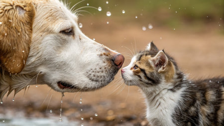 A close up shot of a dog and a kitten touching noses, conveying friendship and tenderness. Water droplets add a dynamic element.の写真素材