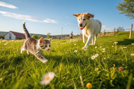 A playful kitten and a friendly dog frolic in a field of wildflowers on a sunny day.の写真素材