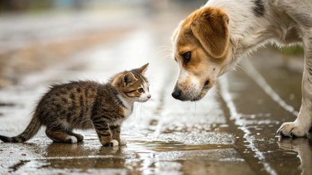 A curious kitten meets a gentle dog on a rainy day, creating an adorable scene of friendship and...