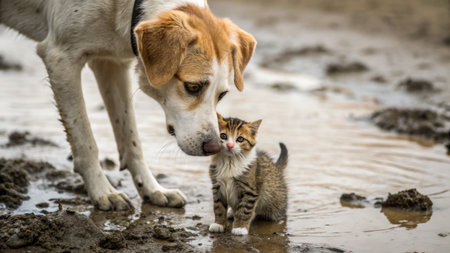 A dog and a kitten share a tender moment, nose to nose, in a serene outdoor setting.の写真素材