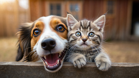 A happy dog and kitten are close up, showing their love and friendship. The adorable pets are a...