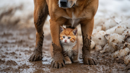 A heartwarming scene of a ginger kitten nestled safely under the legs of a protective brown dog,...