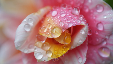 A delicate close up of a flower with water droplets, showcasing its beauty in detail. The colors are vibrant and soft.の写真素材