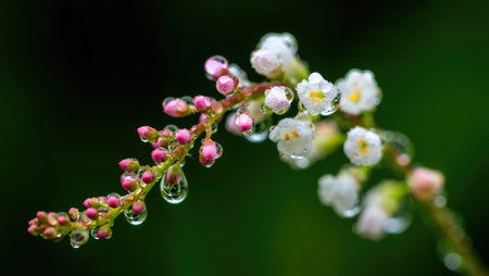Close up of delicate white and pink flowers covered in sparkling water droplets, set against a...