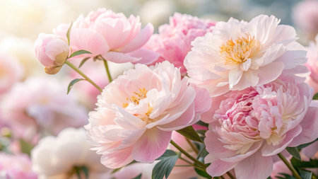 Close up of delicate pink peonies in full bloom, showcasing their soft petals and vibrant colors. A perfect floral display in a garden setting.の写真素材