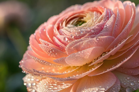 Close up of a soft pink ranunculus flower covered in delicate water droplets, captured with a...