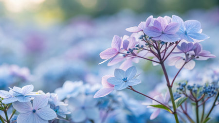 Soft focus photograph of delicate hydrangea blossoms in shades of blue and purple, creating a serene...