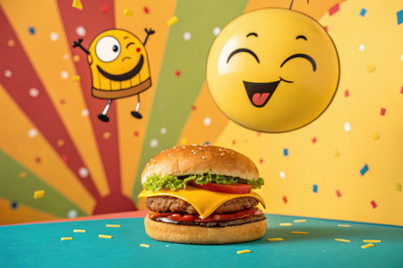 A delicious burger with cheese, tomato, and lettuce, with animated characters and confetti, perfect for a fun food concept.の写真素材