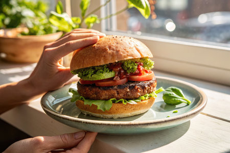 A delicious, freshly made burger is held over a plate with natural light pouring in from the window, enhancing the presentation and appeal.の写真素材