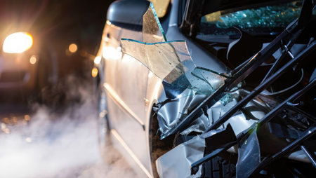 A close up view of a car accident shows a damaged vehicle with shattered glass and wreckage, under...