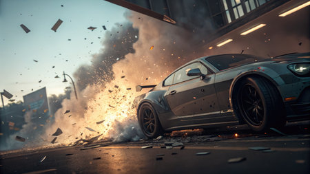 An action-packed scene with a gray sports car caught in an explosion on a city street, debris flying in the air.の写真素材