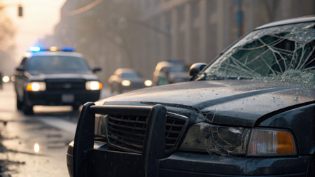 A close up shot of a damaged police car in the foreground with a blurred background featuring police...