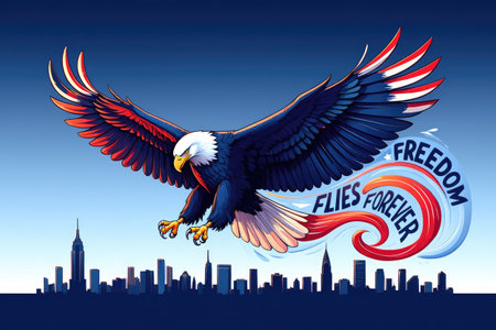 An American eagle soars above the New York City skyline, symbolizing freedom, patriotism, and...