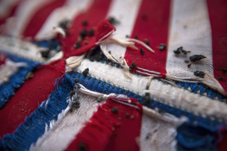 Close-up of a tattered American flag, a poignant symbol of remembrance and resilience. Its worn...