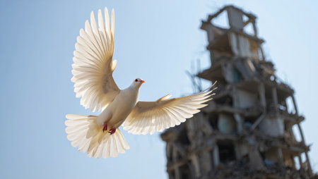 A white dove flies gracefully against a backdrop of a memorial, symbolizing hope and remembrance.の写真素材