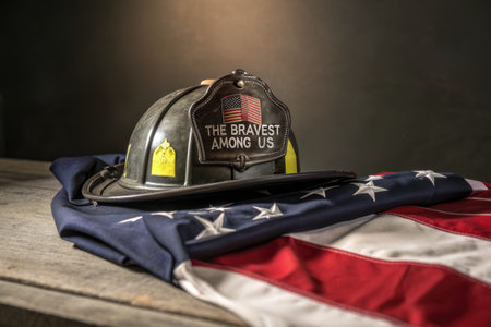 A firefighter's helmet and the American flag are displayed, honoring the bravery of those who served...